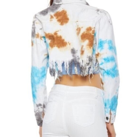 Taxi Blue Denim Jacket Tie Dye Distressed Fringe Cropped Jean Womens Size 2XL - Picture 2 of 9